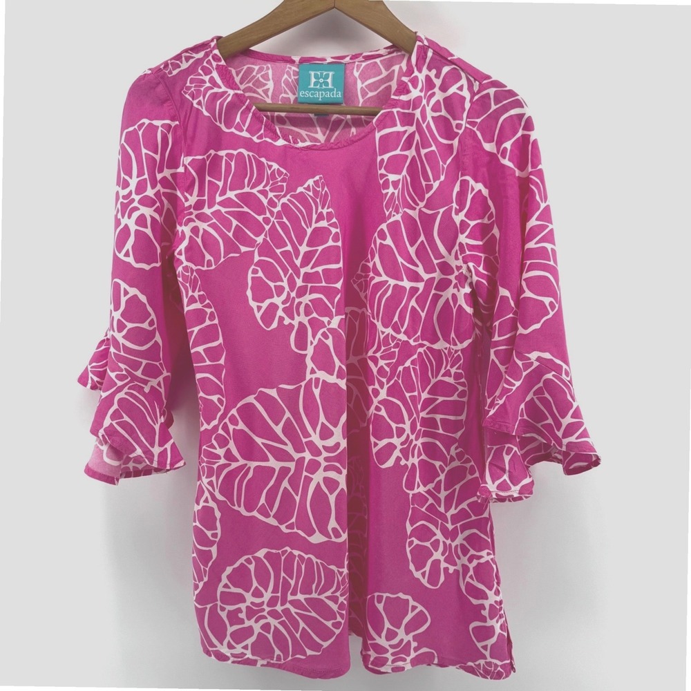 Escapada Womens M Pink White Leaf Print Ruffle Bell Sleeve Rayon Top Resort Wear - Picture 2 of 8